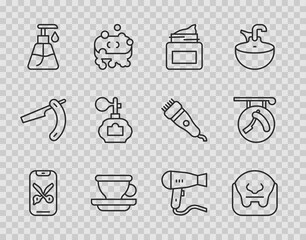 Set line Barber online service or platform, Mustache and beard, Cream cosmetic jar, Coffee cup, tube, Aftershave, Hair dryer and Barbershop with razor icon. Vector