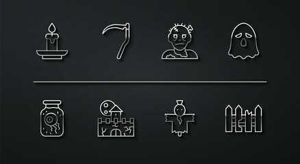 Set line Burning candle, Eye jar, Ghost, Scarecrow, Castle, fortress, Scythe, Garden fence wooden and Zombie mask icon. Vector