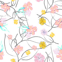 Pink Flowers Blooming Pattern. Pastel Watercolor.