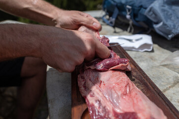 Typical Uruguayan and Argentine Asado Cooked on fire. Entrana and Vacio meat cuts. Accompanied with Chorizo