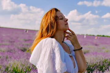 Woman with wreath of flowers in lavender field