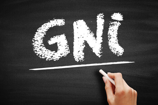 GNI - Gross National Income is the total amount of money earned by a nation's people and businesses, acronym business concept on blackboard