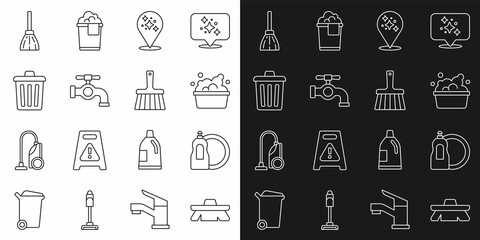 Set line Brush for cleaning, Dishwashing liquid bottle, Basin with soap suds, Home service, Water tap, Trash can, Handle broom and icon. Vector
