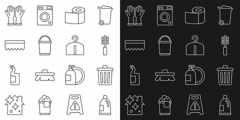 Set line Bottle for cleaning agent, Trash can, Toilet brush, paper roll, Bucket, Sponge, Rubber gloves and Hanger wardrobe icon. Vector