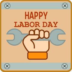 Happy Labor Day. Festive lettering. Vector inscription on the blackboard. Wrench in hand.