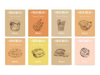 Vector hand drawn sketch breakfast banners set. Eco foods. Vector illustration. Cornflakes, waffles, cafe, croissant, bread.