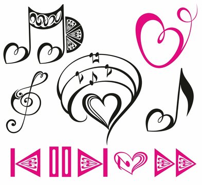 Key notes and notes with floral elementes and hearts elementes, collection of music elements. Vector illustration