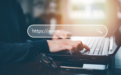 Searching Browsing Internet Data Information with blank search bar. man's hands are using smartphone and keyboard to Searching for information. Using Search Console with your website.