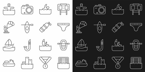 Set line Water polo, Boat with oars, Swimming trunks, Swimmer, Kayak and paddle, Kitesurfing, gymnastics and Aqualung icon. Vector