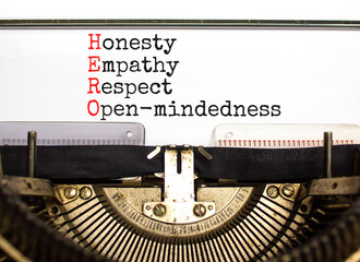 HERO honesty empathy respect open-mindedness symbol. Concept words HERO honesty empathy respect...