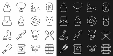 Set line Wooden barrel, Oars or paddles boat, Viking head, Medieval spear, Whiskey bottle, ship Drakkar, Old money bag and Sea and waves icon. Vector