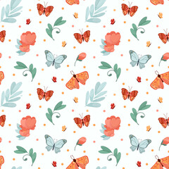 Gentle vector illustration with flowers and butterflies. Seamless pattern for design.
