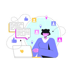 Vector abstract flat illustration. Girl blogger, analyst communicates through social networks around the world. Support.