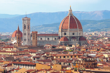 Fototapeta na wymiar Amazing view of Florence city in tuscany Region in Italy in Europe and the Cathedral with big Dome