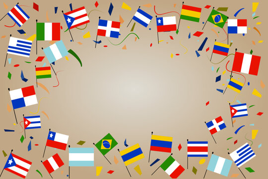 lettering National Hispanic Heritage Month with different Flags of America and falling confetti. Copy space.