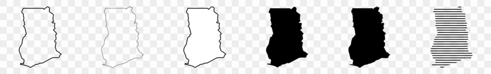 Ghana Map Black | Ghanaian Border | State Country | Transparent Isolated | Variations