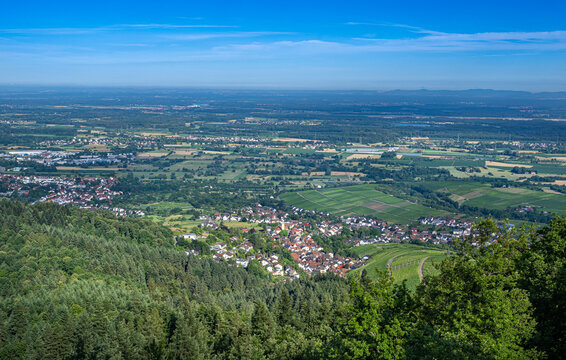 View over the Black Forest to the vineyards of the village Varnhalt near Baden Baden, Germany