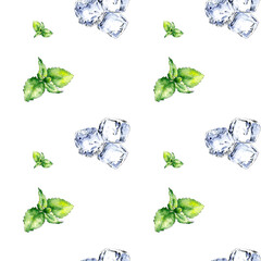 Fototapeta na wymiar Seamless watercolor pattern. Mint leaves and ice cubes. For design, print and textile. Hand drawn illustration