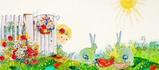 Fototapeta Summer garden. Watercolor for children. obraz
