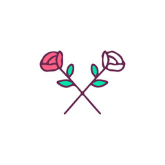 Two crossed red and white roses, illustration for t-shirt, street wear, sticker, or apparel merchandise. With doodle, retro, and cartoon style.