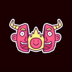 Obraz premium Two half of devil head with fireball inside, illustration for t-shirt, street wear, sticker, or apparel merchandise. With doodle, retro, and cartoon style.