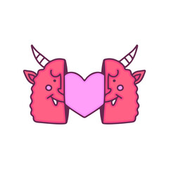 Two half of cute devil head with heart inside, illustration for t-shirt, street wear, sticker, or apparel merchandise. With doodle, retro, and cartoon style.