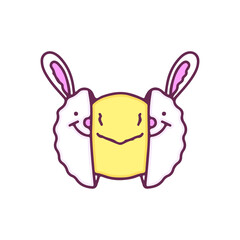 Two half of bunny head with smile face inside, illustration for t-shirt, street wear, sticker, or apparel merchandise. With doodle, retro, and cartoon style.
