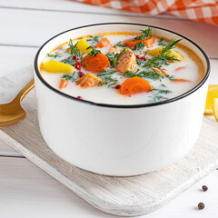 Lohikeitto, Finnish creamy salmon soup in a white bowl