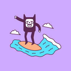 Cute cat skull surfing, illustration for t-shirt, sticker, or apparel merchandise. With doodle, retro, and cartoon style.