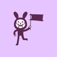 Cue bunny skull holding flag, illustration for t-shirt, sticker, or apparel merchandise. With doodle, retro, and cartoon style.