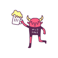 Cute devil holding glass of beer, illustration for t-shirt, sticker, or apparel merchandise. With doodle, retro, and cartoon style.