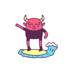 Little Red devil surfing mascot, illustration for t-shirt, sticker, or apparel merchandise. With doodle, retro, and cartoon style.