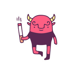 Funny little devil holding a cigarette, illustration for t-shirt, sticker, or apparel merchandise. With doodle, retro, and cartoon style.