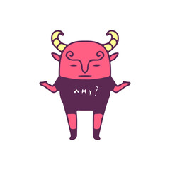 Cute devil mascot with confused gesture, illustration for t-shirt, sticker, or apparel merchandise. With doodle, retro, and cartoon style.