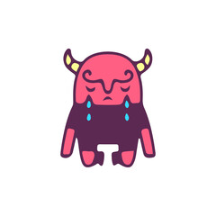 Sad little red evil, illustration for t-shirt, sticker, or apparel merchandise. With doodle, retro, and cartoon style.