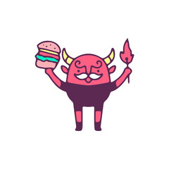 Cute red evil with burger and torch, illustration for t-shirt, sticker, or apparel merchandise. With doodle, retro, and cartoon style.