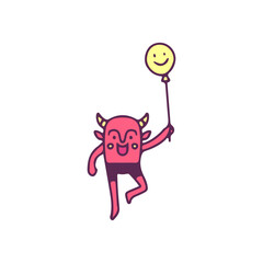 Cute red devil with smile face balloon, illustration for t-shirt, sticker, or apparel merchandise. With doodle, retro, and cartoon style.