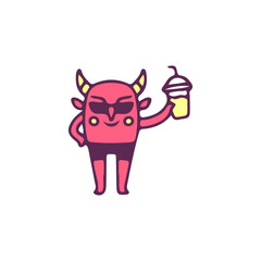 Cool red devil wearing sunglasses and holding fresh drink, illustration for t-shirt, sticker, or apparel merchandise. With doodle, retro, and cartoon style.
