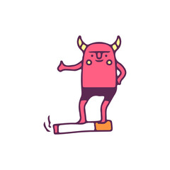 Cute red demon riding cigarette, illustration for t-shirt, sticker, or apparel merchandise. With doodle, retro, and cartoon style.
