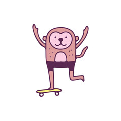 Funny monkey mascot riding skateboard, illustration for t-shirt, sticker, or apparel merchandise. With doodle, retro, and cartoon style.