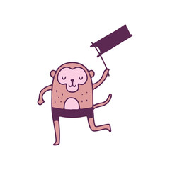 Cute monkey holding flag, illustration for t-shirt, sticker, or apparel merchandise. With doodle, retro, and cartoon style.
