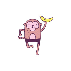 Cute monkey mascot holding banana, illustration for t-shirt, sticker, or apparel merchandise. With doodle, retro, and cartoon style.