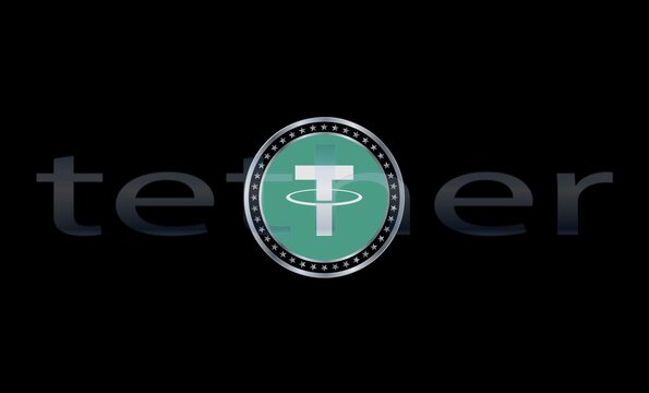 the tether virtual currency logo. 3d illustrations. editorial image