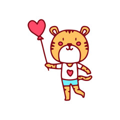 Cute tiger holding love balloon, illustration for t-shirt, sticker, or apparel merchandise. With doodle, retro, and cartoon style.