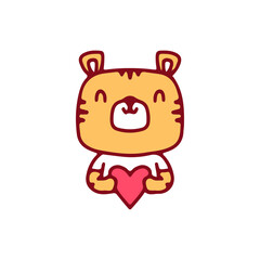 Cute baby tiger holding heart, illustration for t-shirt, sticker, or apparel merchandise. With doodle, retro, and cartoon style.