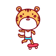 Kawaii tiger mascot riding skateboard, illustration for t-shirt, sticker, or apparel merchandise. With doodle, retro, and cartoon style.
