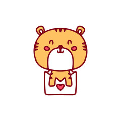 Cute tiger inside a love letter, illustration for t-shirt, sticker, or apparel merchandise. With doodle, retro, and cartoon style.