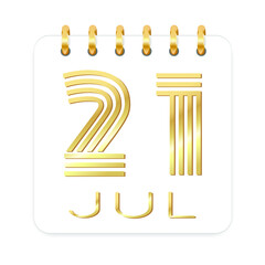 21 day of the month. July. Luxury calendar daily icon. Date day week Sunday, Monday, Tuesday, Wednesday, Thursday, Friday, Saturday. Gold text. White background. Vector illustration.