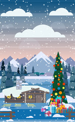 Mountain landscape. Wooden House with Light in Windows, Christmas Tree. Santa s Christmas House With Christmas Tree And Gifts On The Background Of The Snowy Mountains. Illustration in flat style