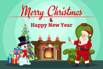 Festive Greeting Card or Postcard Template with Room Decorated for Holidays, Christmas tree, Fireplace, Armchair and Slide of Gifts. Angry Snowman Standing Opposite Santa Claus In His Living Room. Col